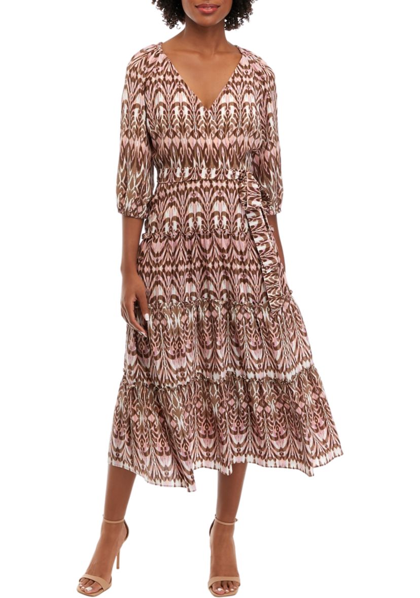 Womens V-Neck Ikat Print Tie Waist Fit and Flare Dress