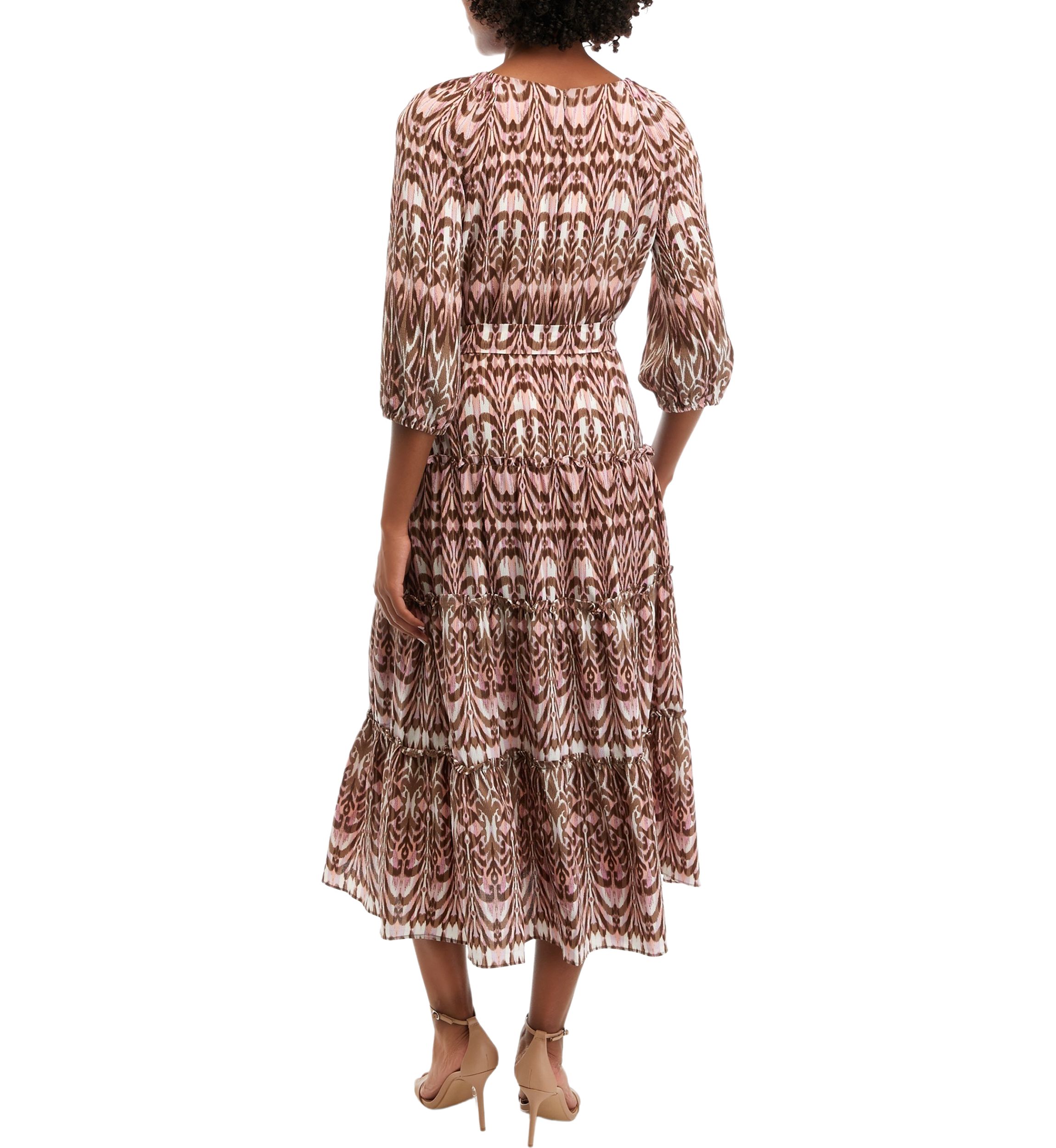 Womens V-Neck Ikat Print Tie Waist Fit and Flare Dress