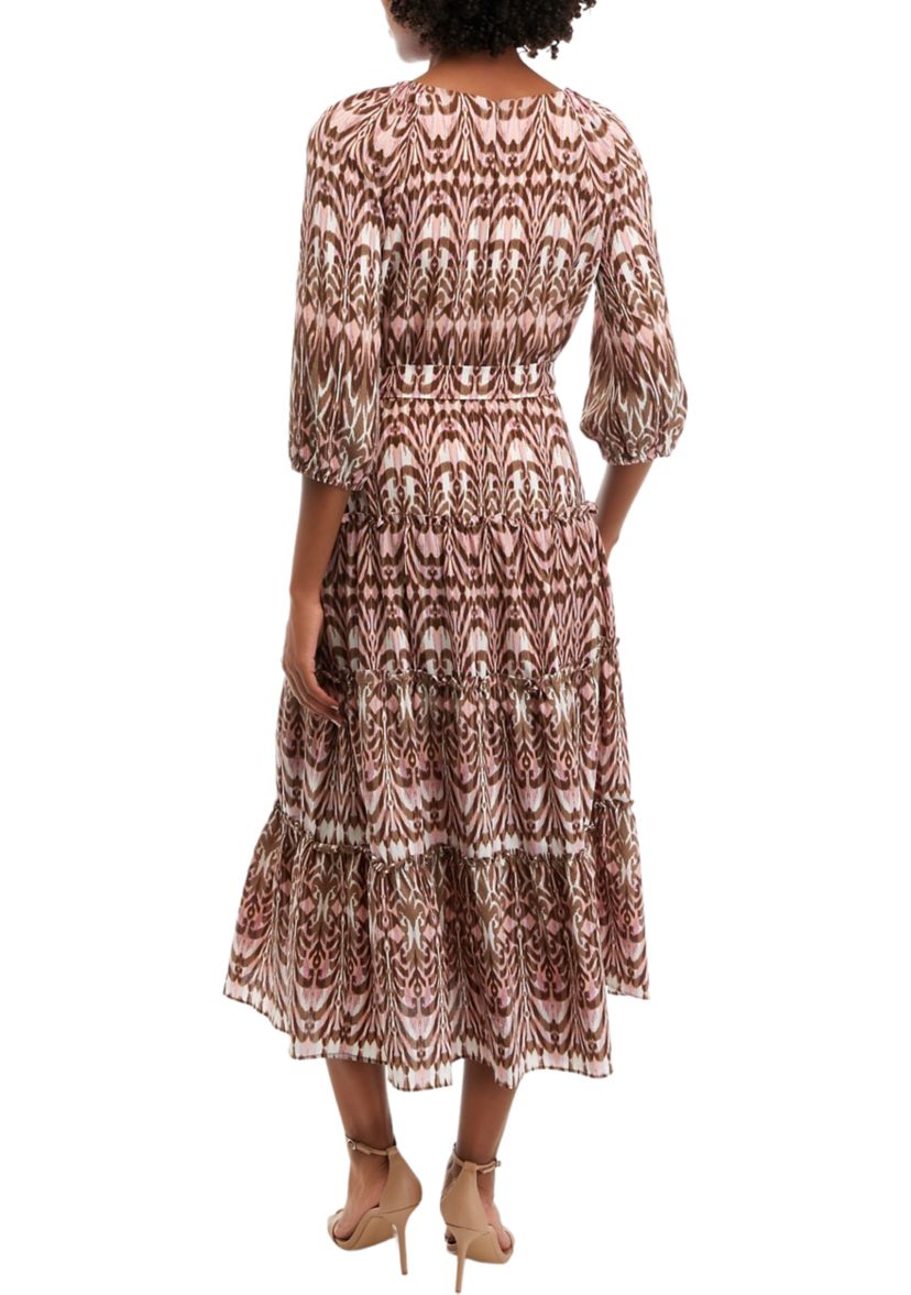 Womens V-Neck Ikat Print Tie Waist Fit and Flare Dress
