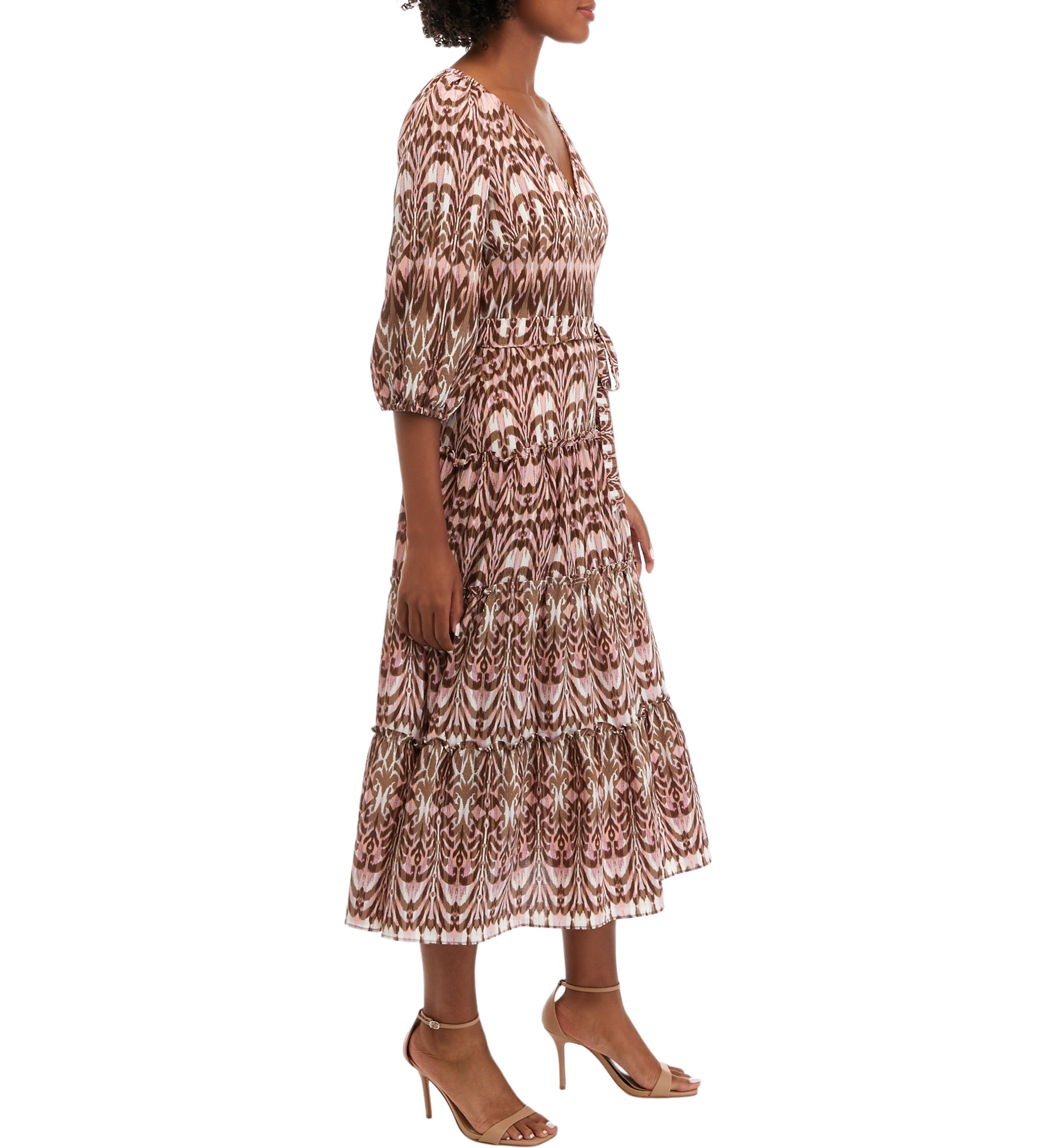 Womens V-Neck Ikat Print Tie Waist Fit and Flare Dress