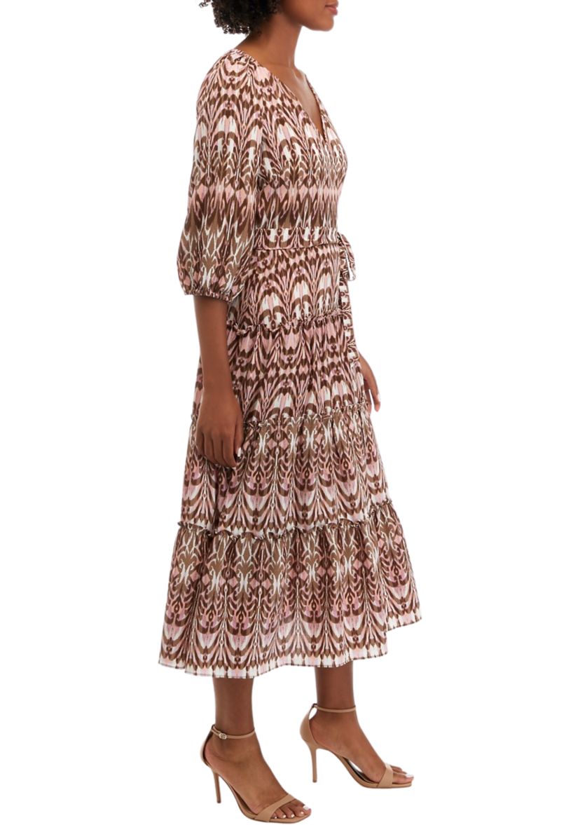 Womens V-Neck Ikat Print Tie Waist Fit and Flare Dress