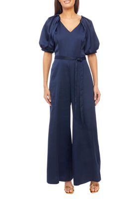 Women's Short Sleeve V-Neck Crepe Satin Jumpsuit