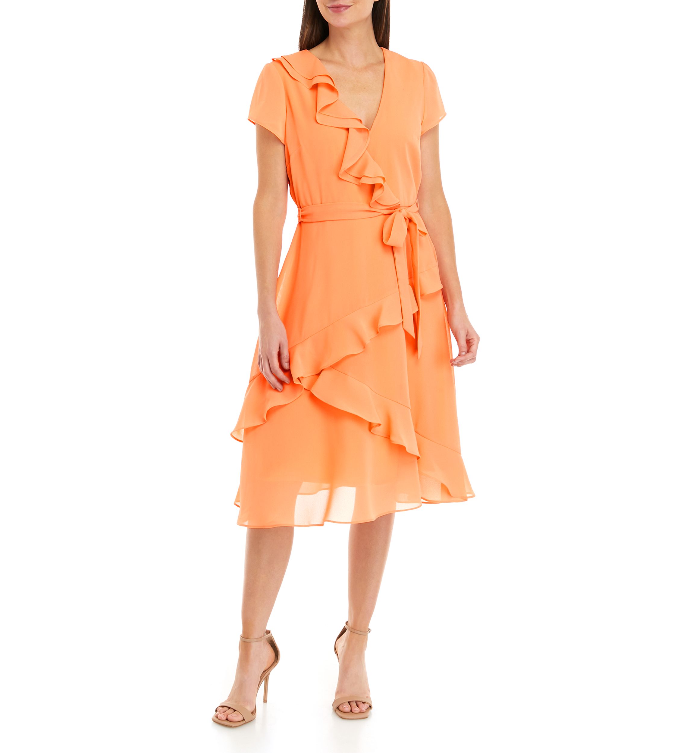 Womens Short Sleeve Solid Ruffle Surplice Wrap Dress