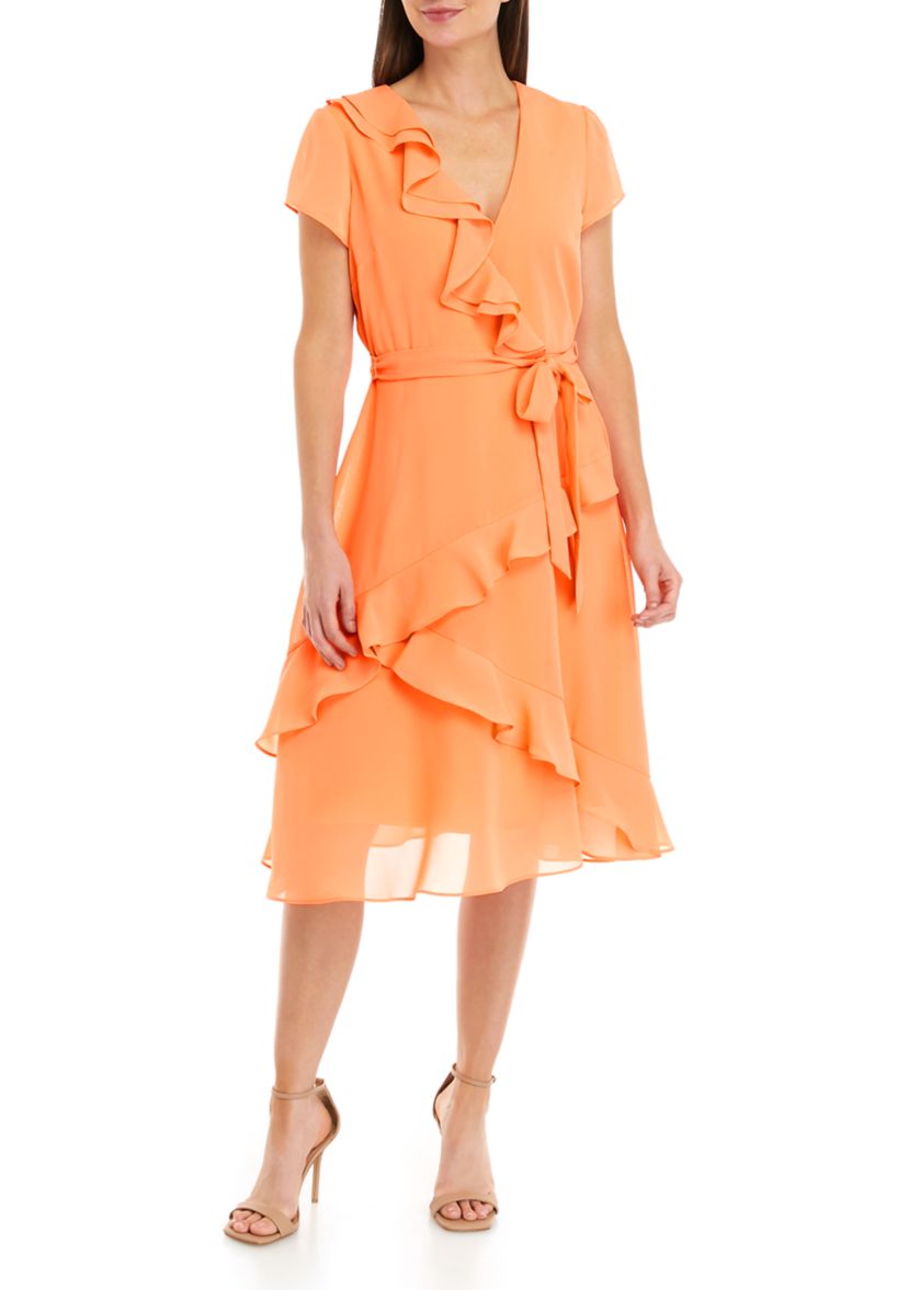 Womens Short Sleeve Solid Ruffle Surplice Wrap Dress
