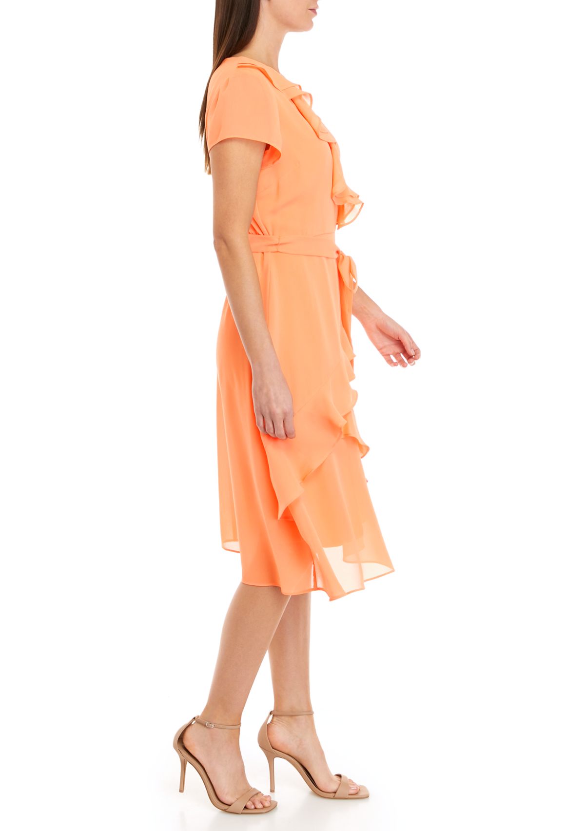 Womens Short Sleeve Solid Ruffle Surplice Wrap Dress