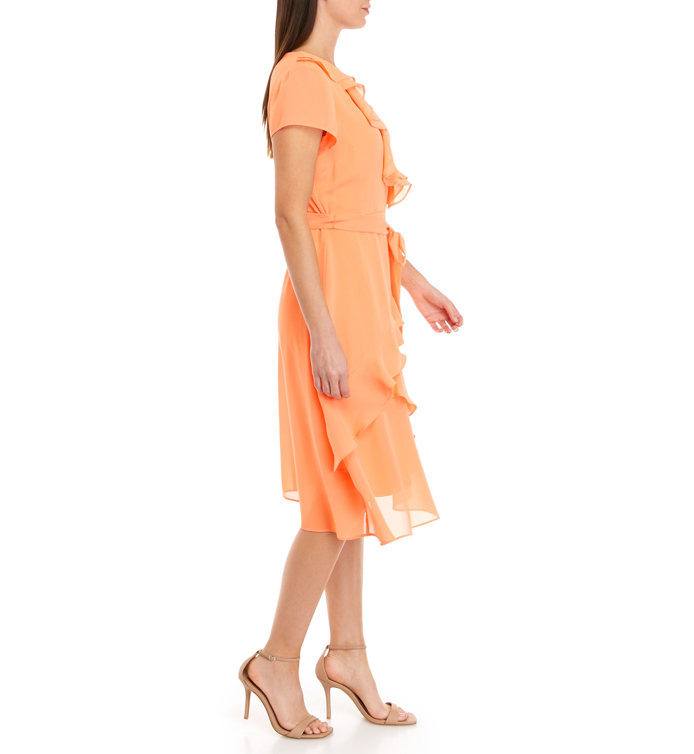 Womens Short Sleeve Solid Ruffle Surplice Wrap Dress