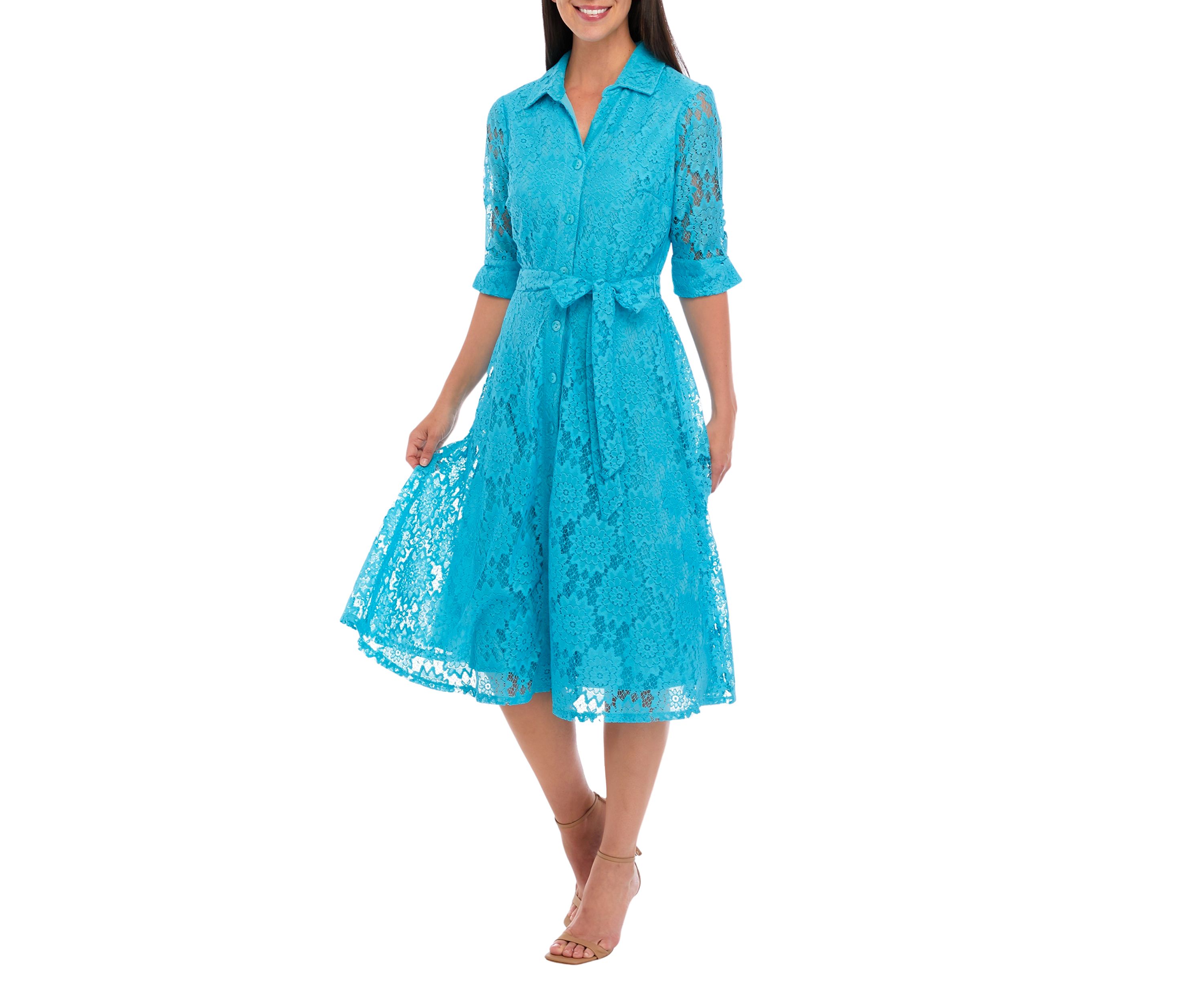 Womens Elbow Sleeve Lace Collar Neck Tie Waist Fit and Flare Dress