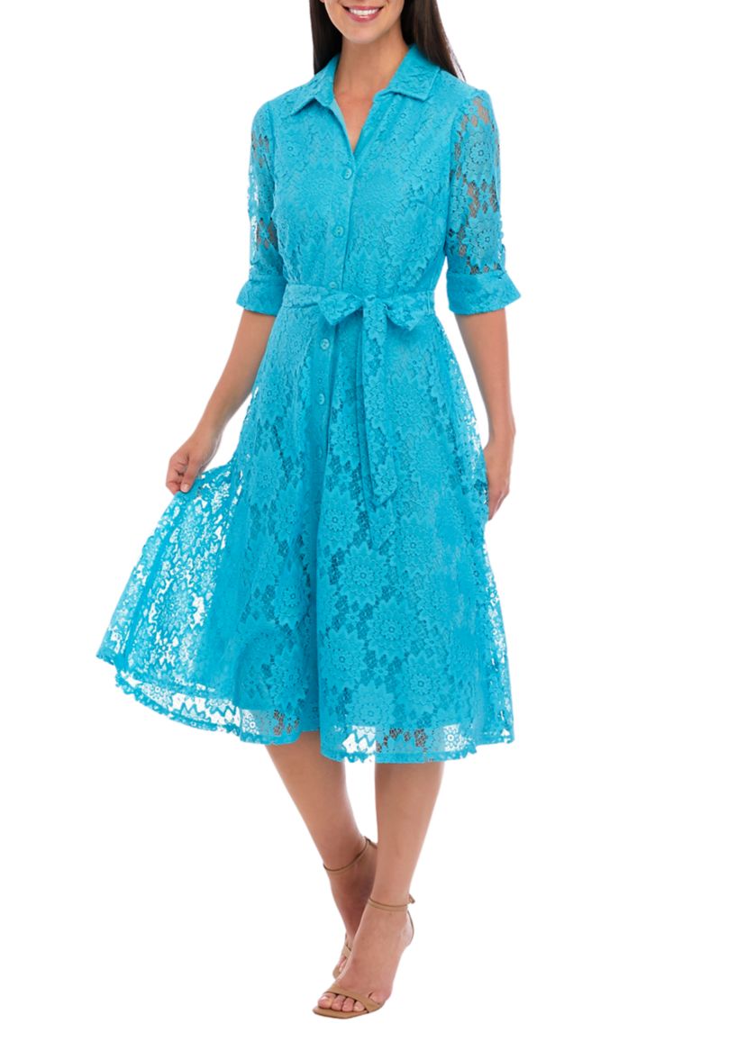 Womens Elbow Sleeve Lace Collar Neck Tie Waist Fit and Flare Dress