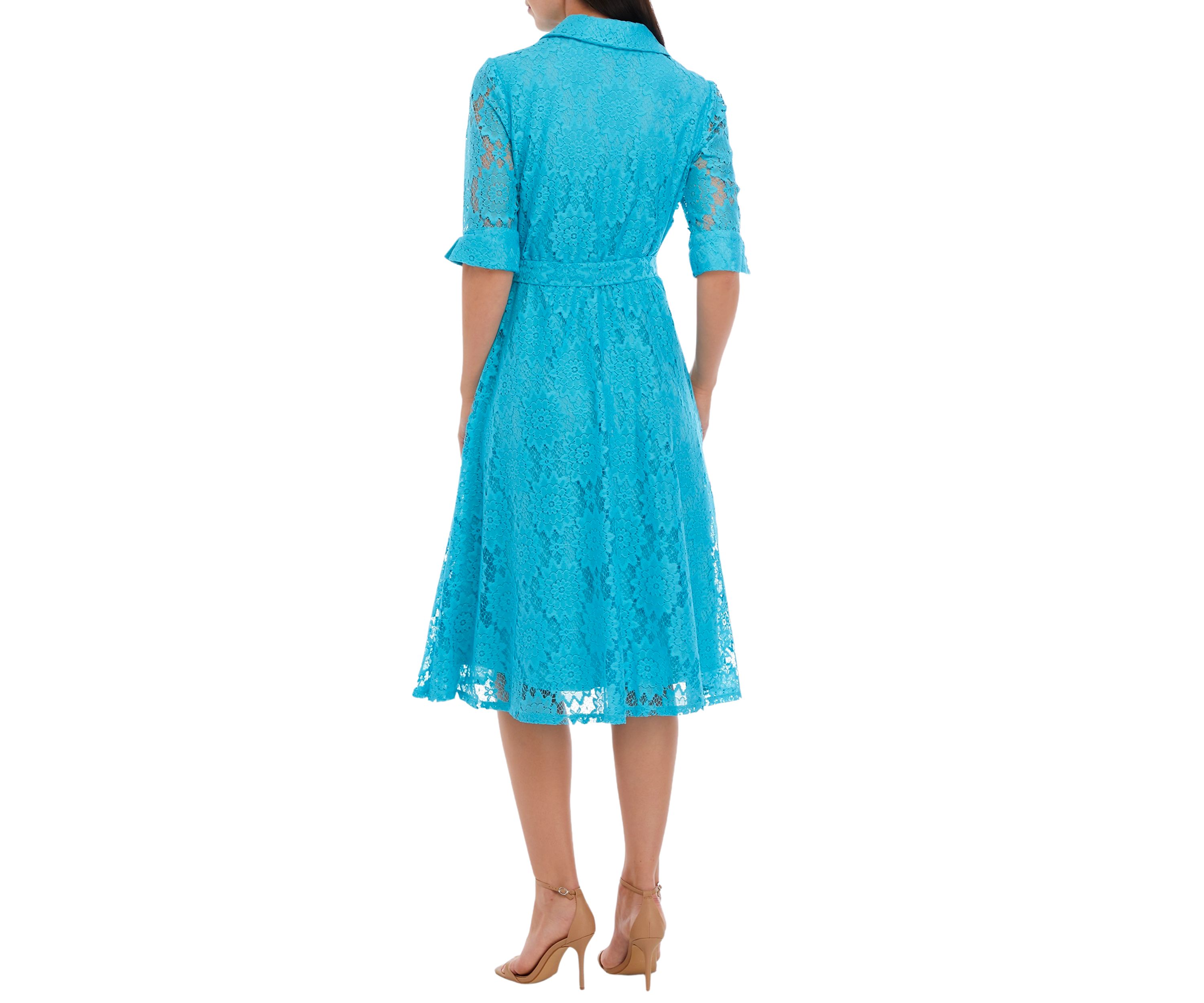 Womens Elbow Sleeve Lace Collar Neck Tie Waist Fit and Flare Dress