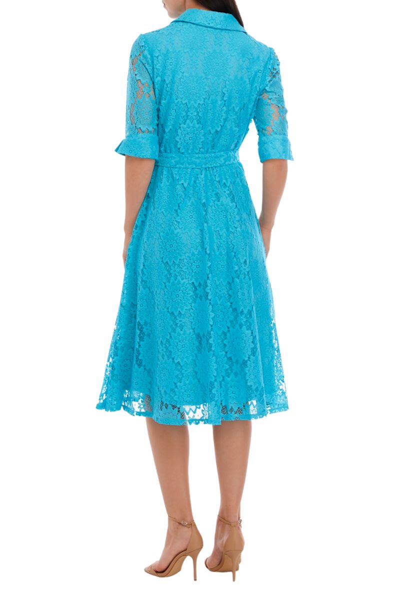 Womens Elbow Sleeve Lace Collar Neck Tie Waist Fit and Flare Dress