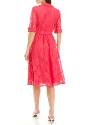 Women's Elbow Sleeve Lace Collar Neck Tie Waist Fit and Flare Dress