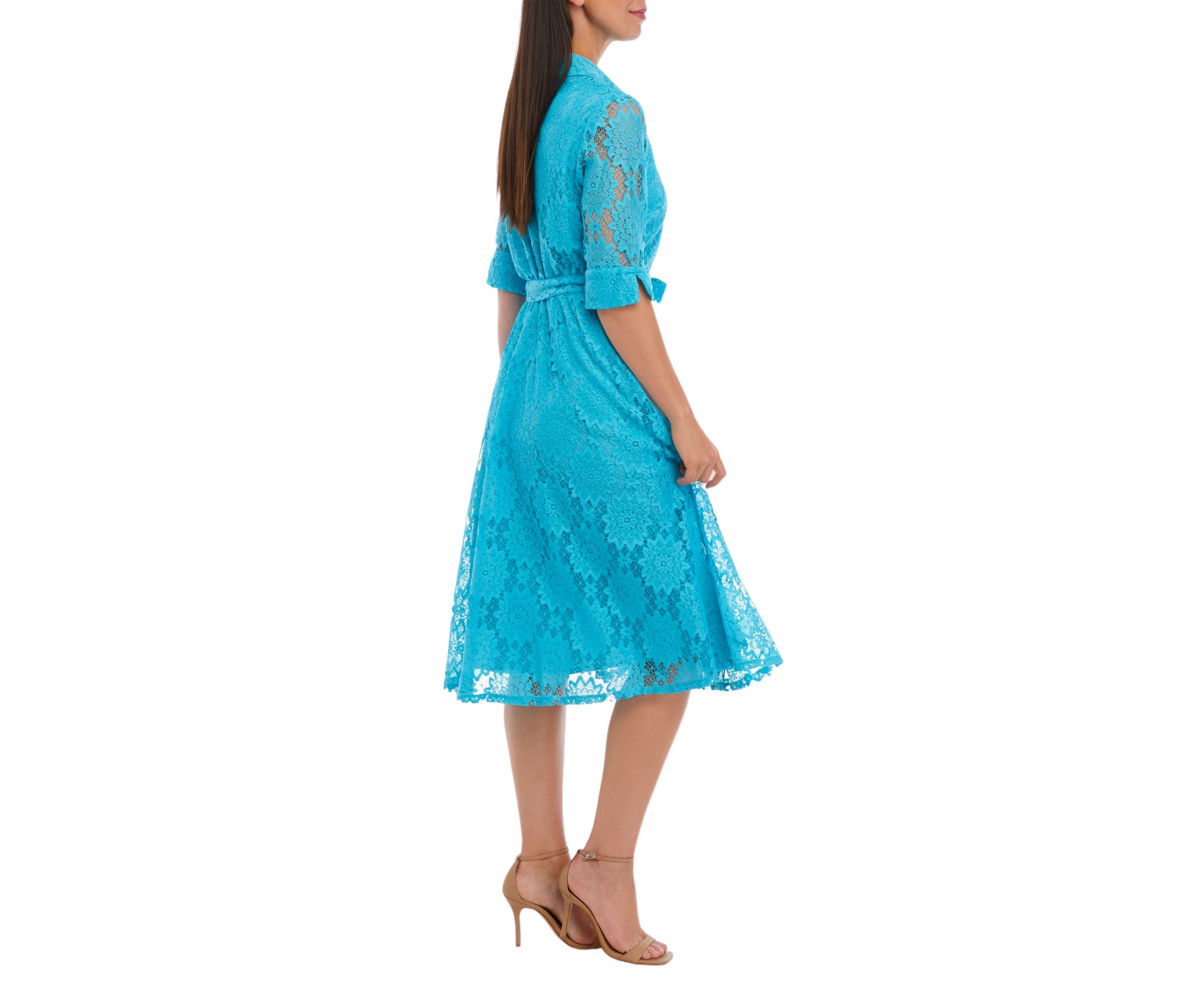 Womens Elbow Sleeve Lace Collar Neck Tie Waist Fit and Flare Dress