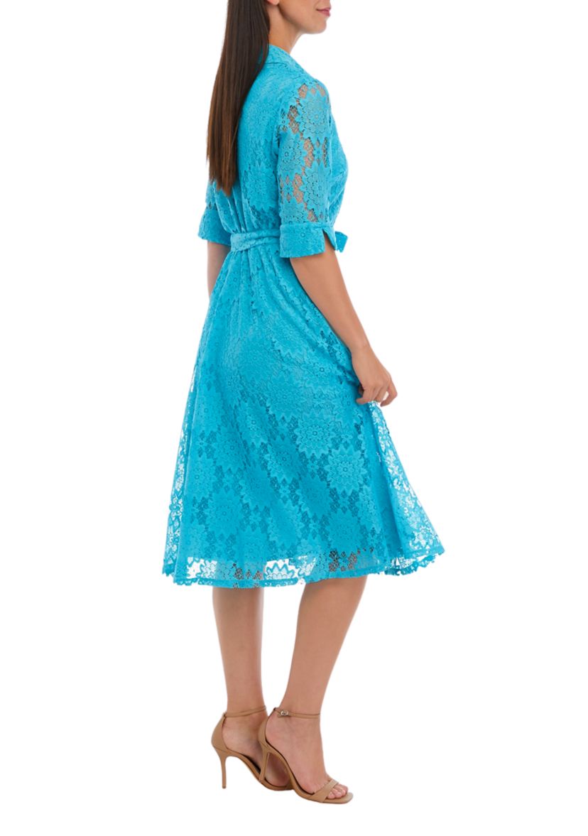 Womens Elbow Sleeve Lace Collar Neck Tie Waist Fit and Flare Dress
