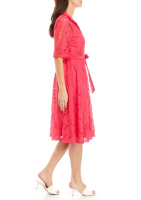 Women's Elbow Sleeve Lace Collar Neck Tie Waist Fit and Flare Dress