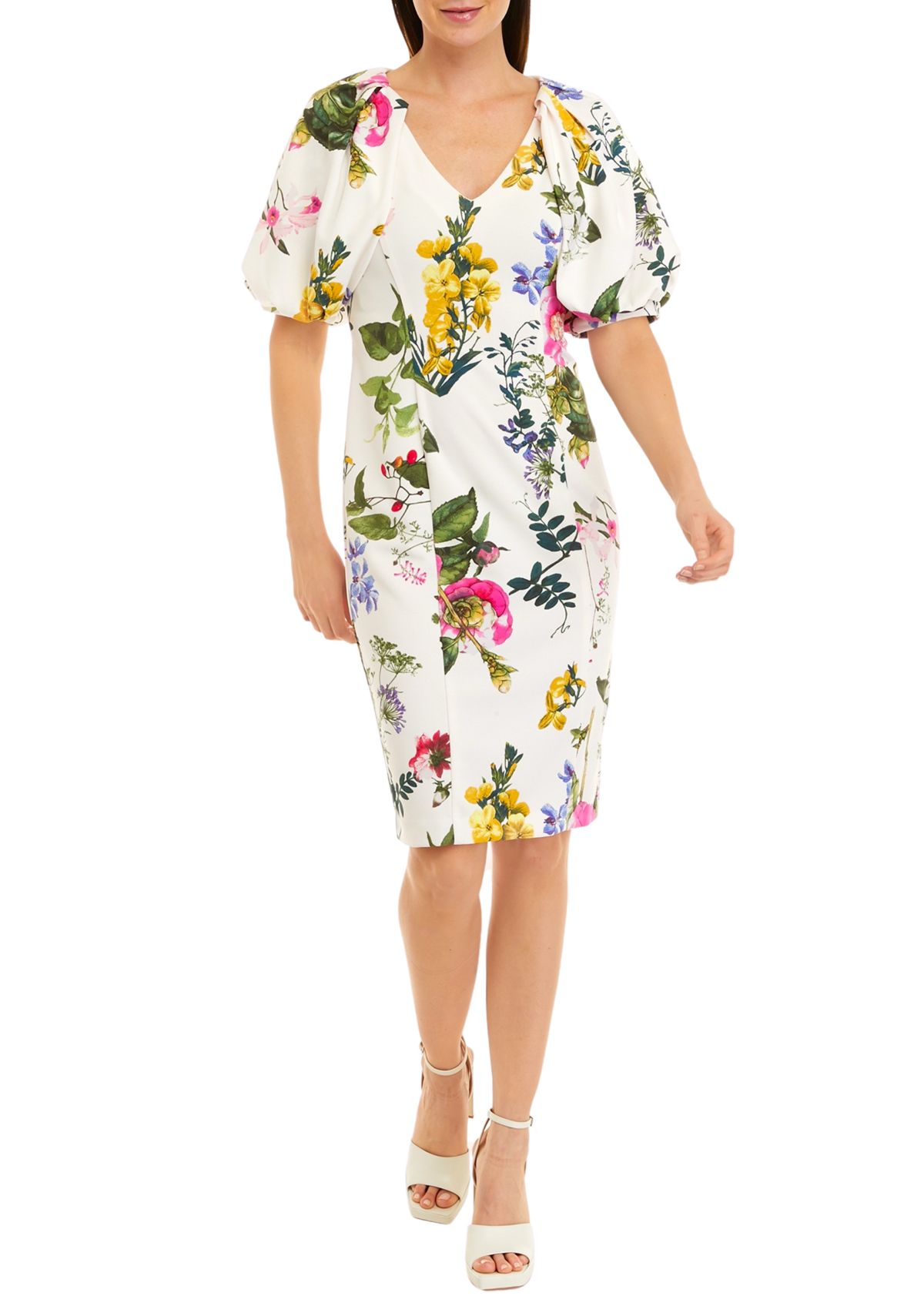 Womens Short Puff Sleeve Solid V-Neck Scuba Sheath Dress