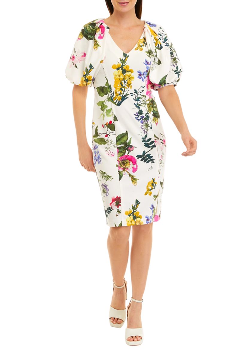 Womens Short Puff Sleeve Solid V-Neck Scuba Sheath Dress