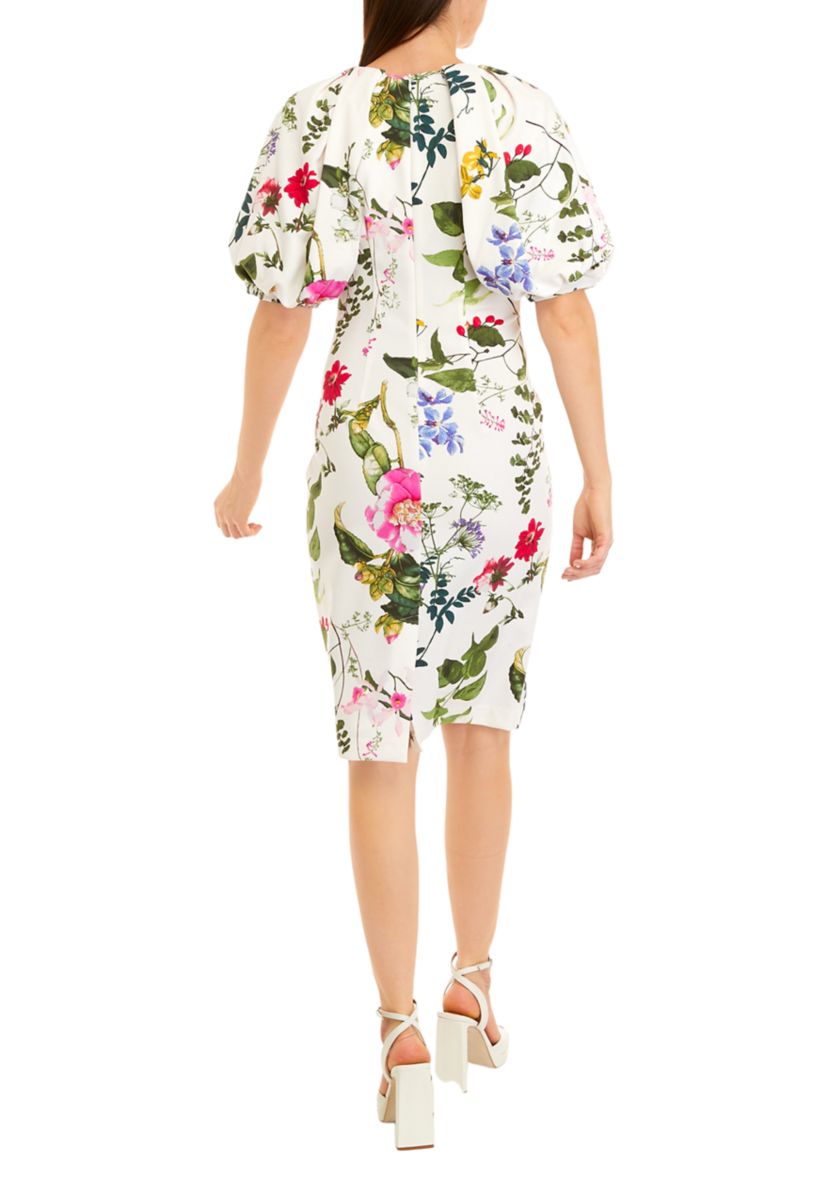 Womens Short Puff Sleeve Solid V-Neck Scuba Sheath Dress