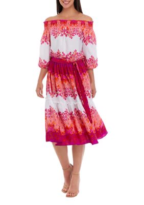 Maison Tara Women's Off the Shoulder Floral Print Tie Waist Fit and Flare Midi Dress