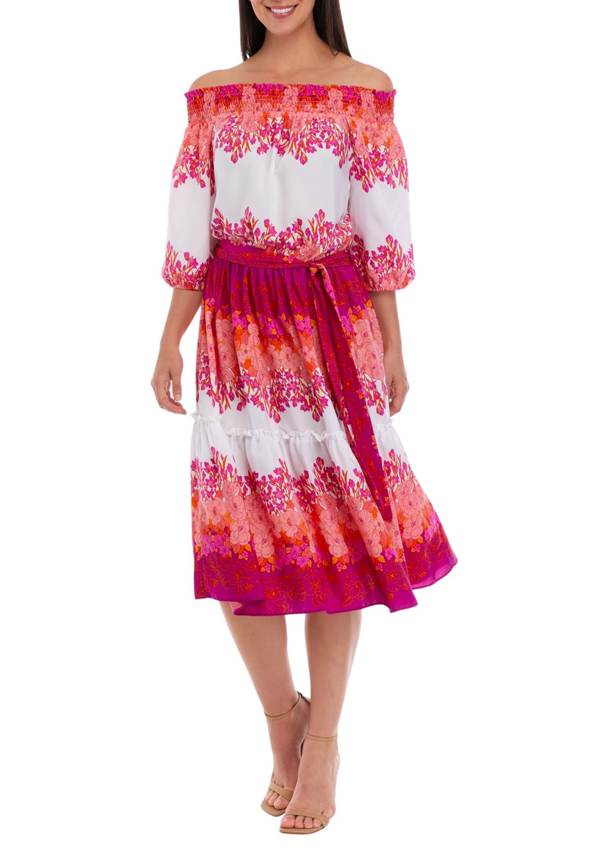 Womens Off the Shoulder Floral Print Tie Waist Fit and Flare Midi Dress