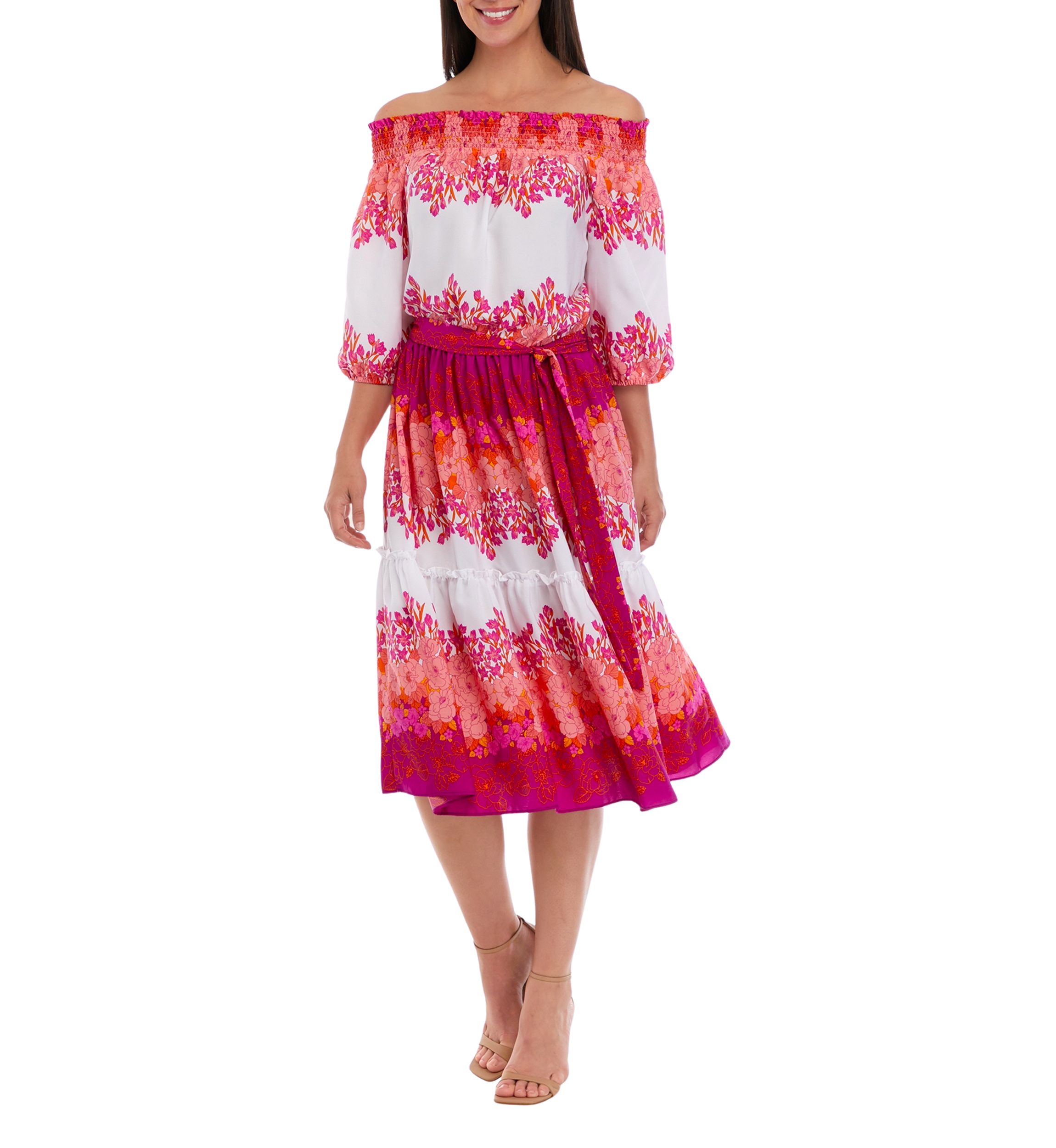 Womens Off the Shoulder Floral Print Tie Waist Fit and Flare Midi Dress