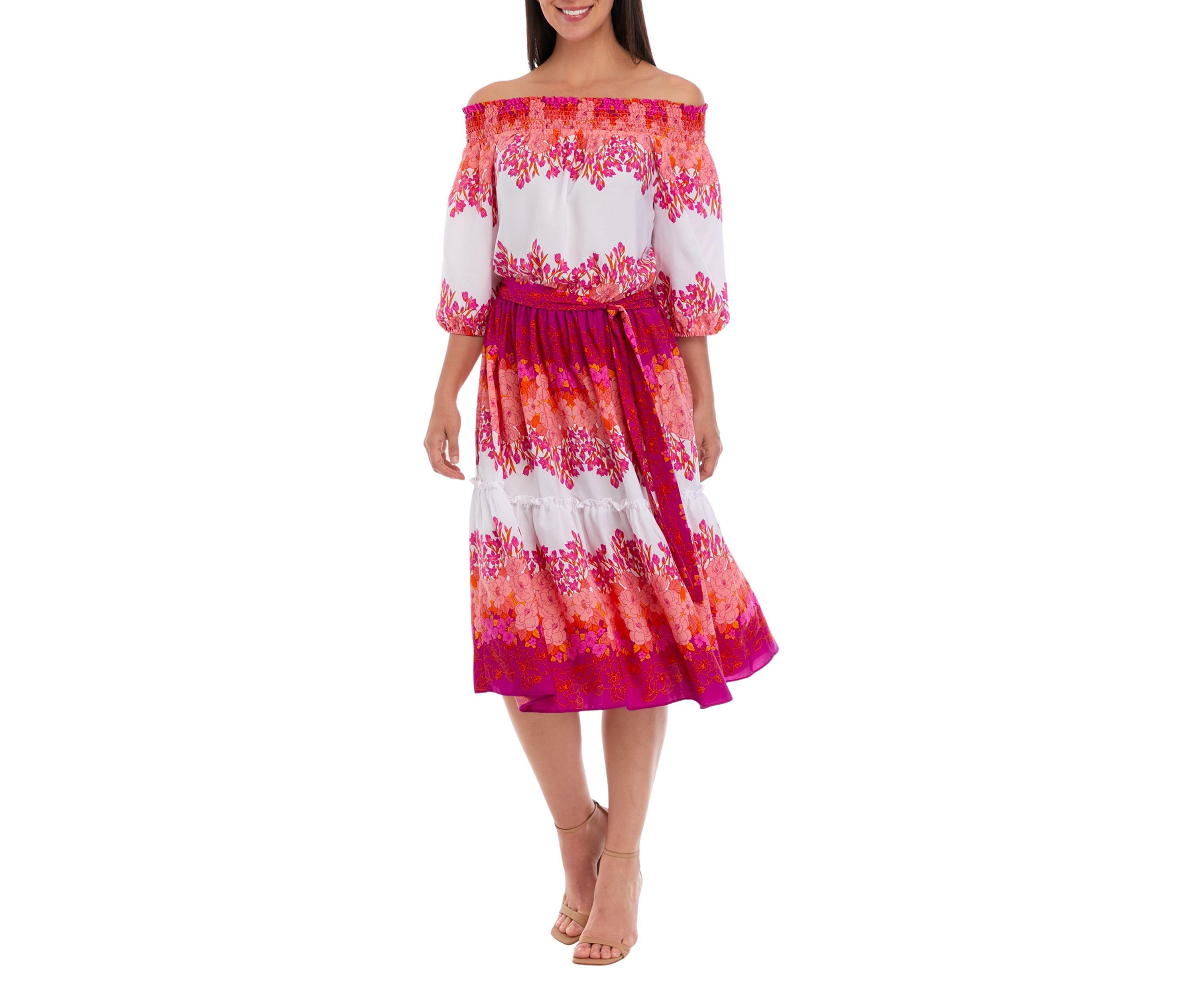 Womens Off the Shoulder Floral Print Tie Waist Fit and Flare Midi Dress