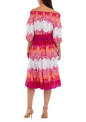 Women's Off the Shoulder Floral Print Tie Waist Fit and Flare Midi Dress