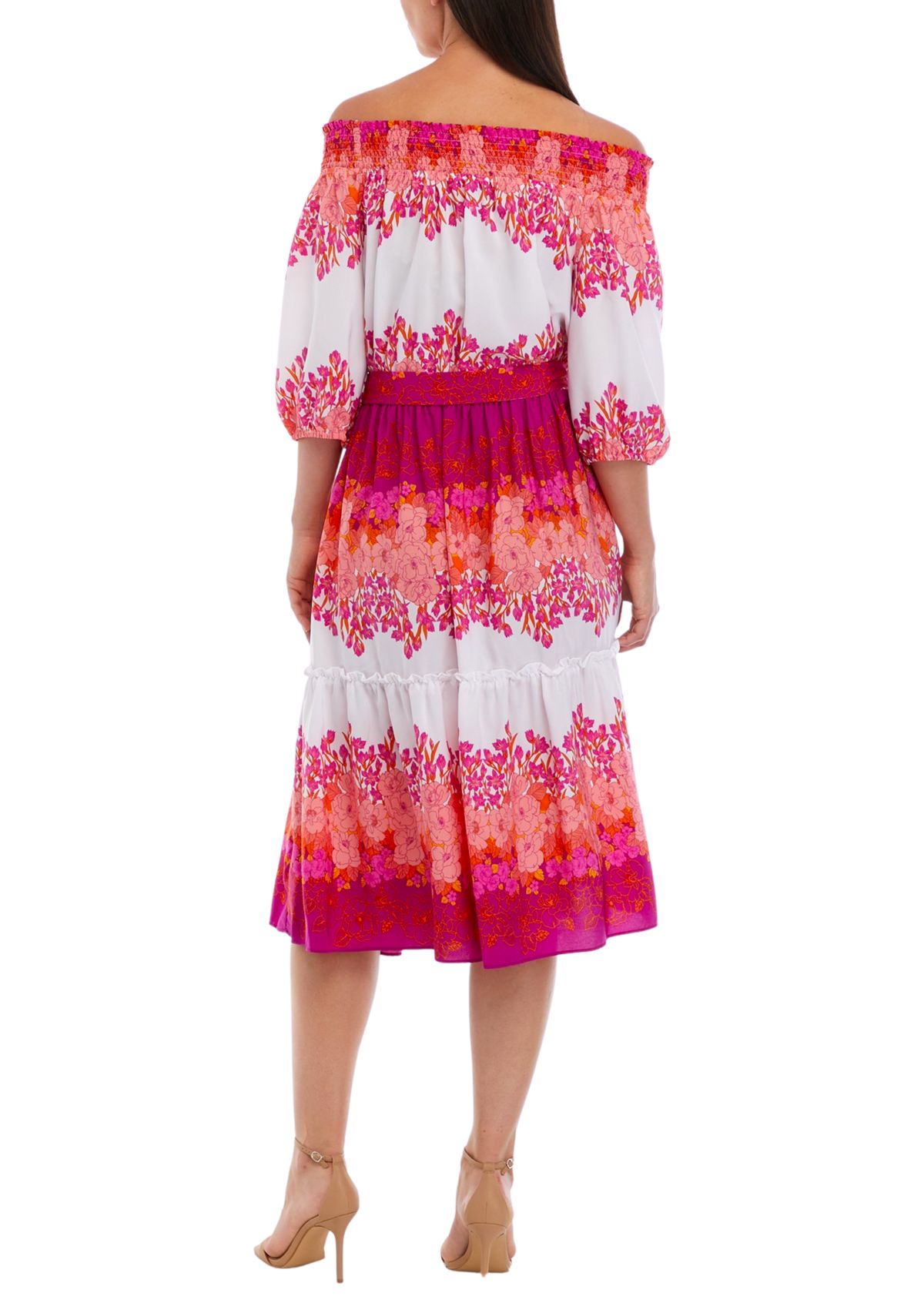 Womens Off the Shoulder Floral Print Tie Waist Fit and Flare Midi Dress