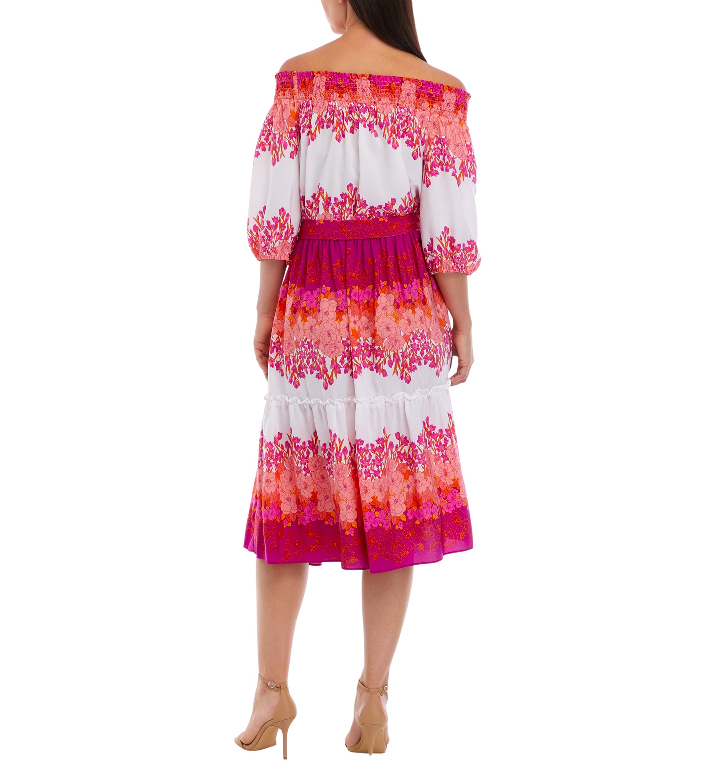 Womens Off the Shoulder Floral Print Tie Waist Fit and Flare Midi Dress