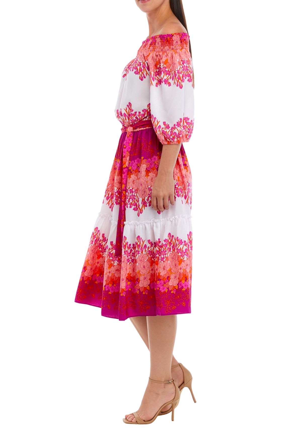 Womens Off the Shoulder Floral Print Tie Waist Fit and Flare Midi Dress