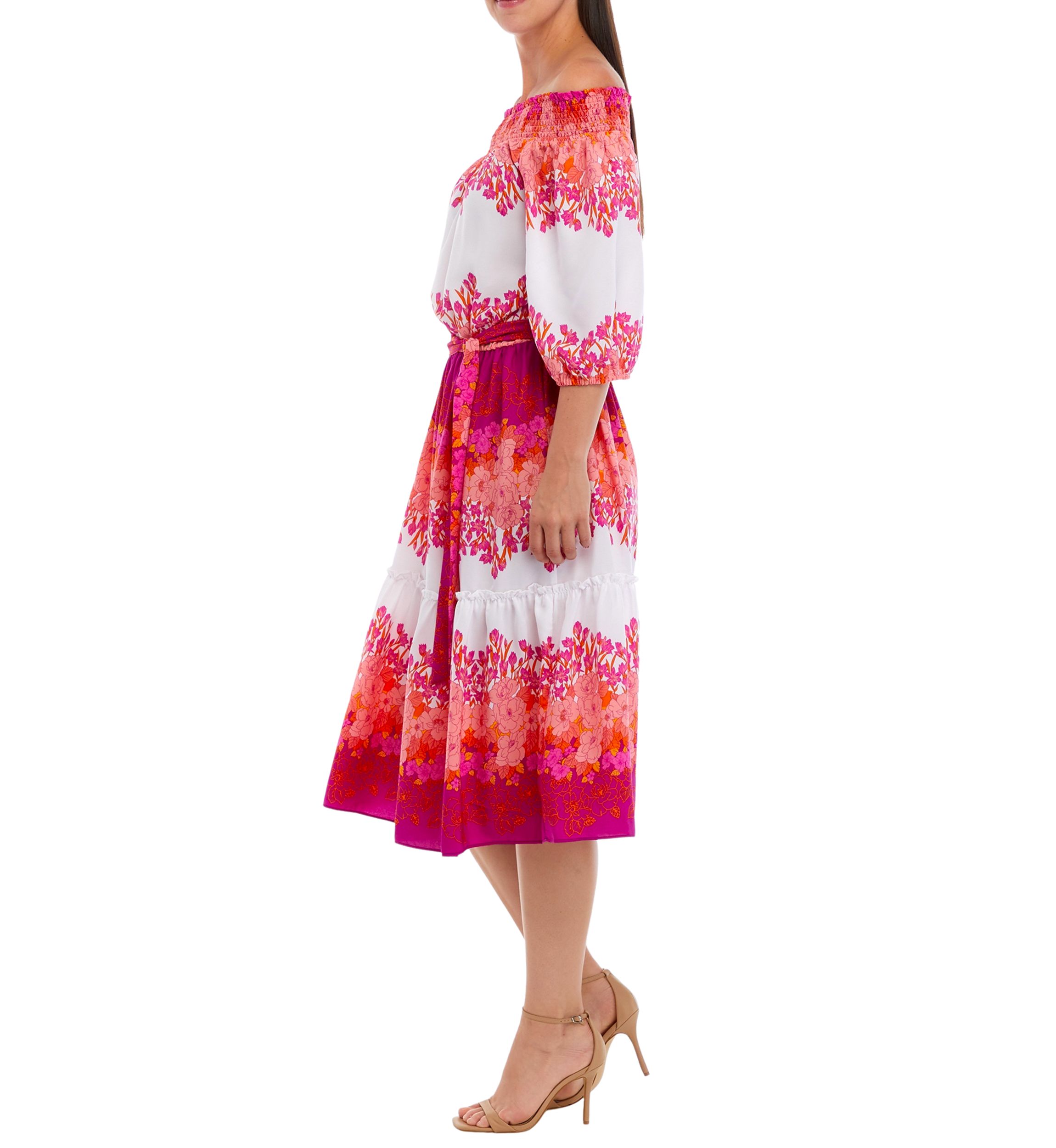Womens Off the Shoulder Floral Print Tie Waist Fit and Flare Midi Dress