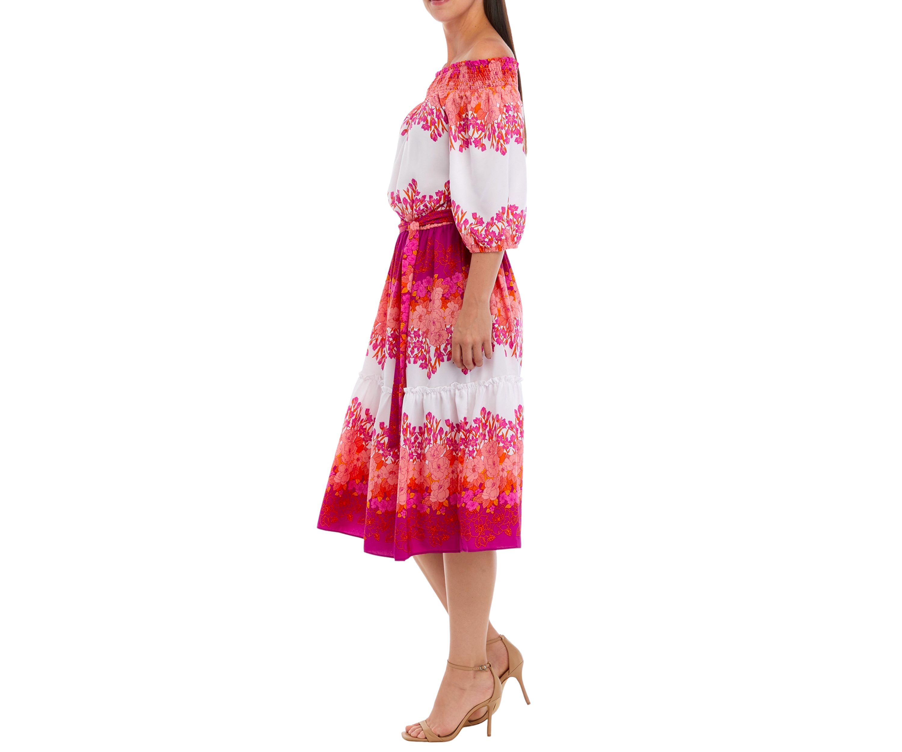 Womens Off the Shoulder Floral Print Tie Waist Fit and Flare Midi Dress
