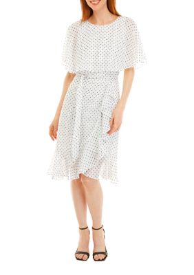 Women's Short Sleeve Capelet Tie Waist Dot Print Dress