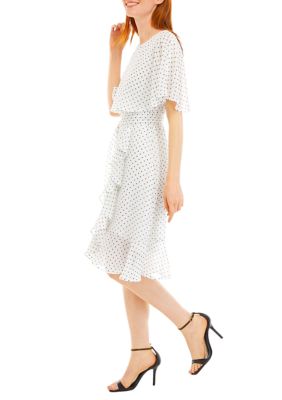 Women's Short Sleeve Capelet Tie Waist Dot Print Dress