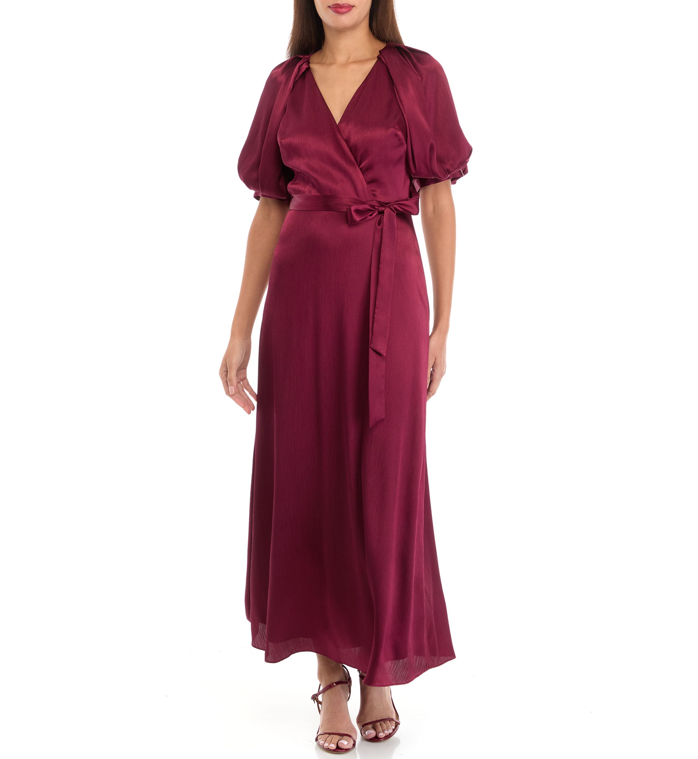 Womens Short Sleeve V-Neck Solid Satin Fit and Flare Dress
