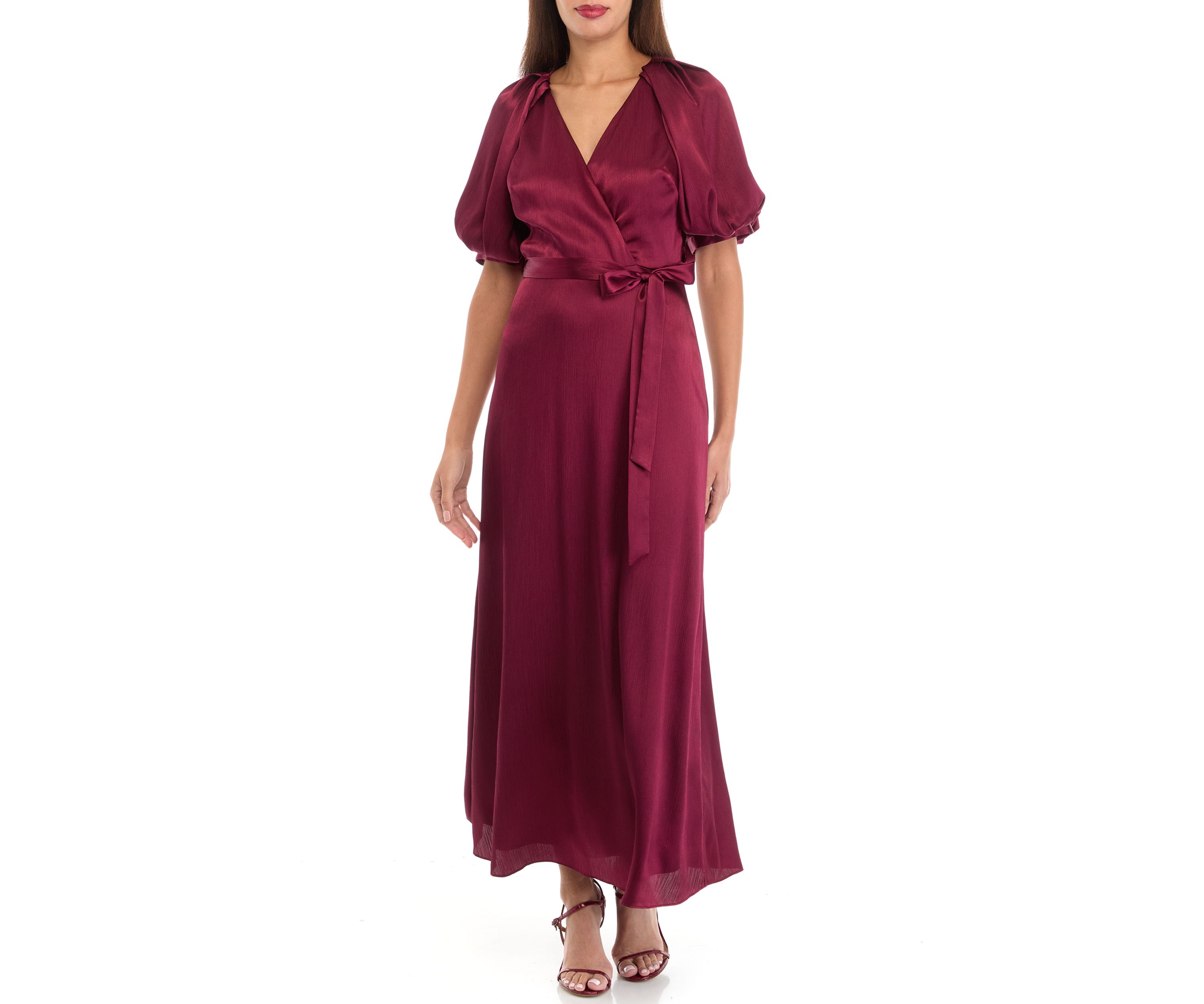Womens Short Sleeve V-Neck Solid Satin Fit and Flare Dress