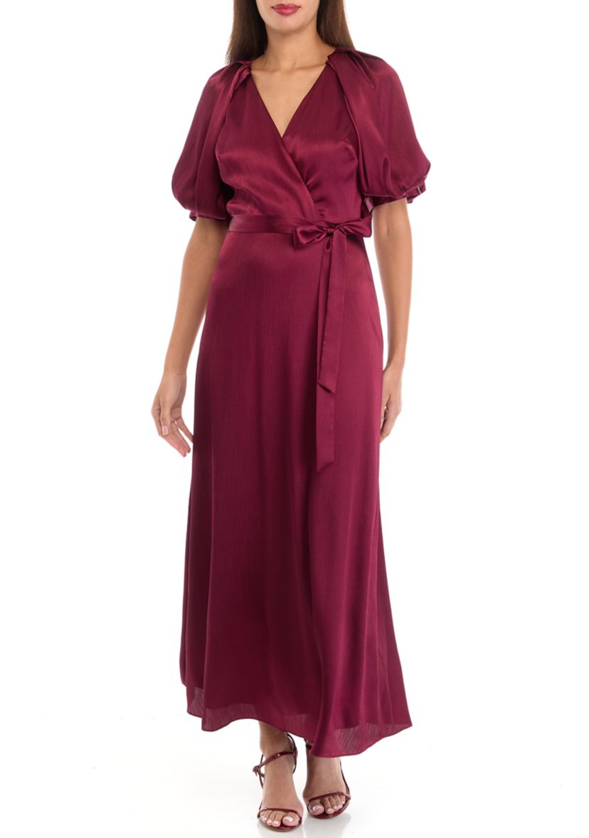 Womens Short Sleeve V-Neck Solid Satin Fit and Flare Dress