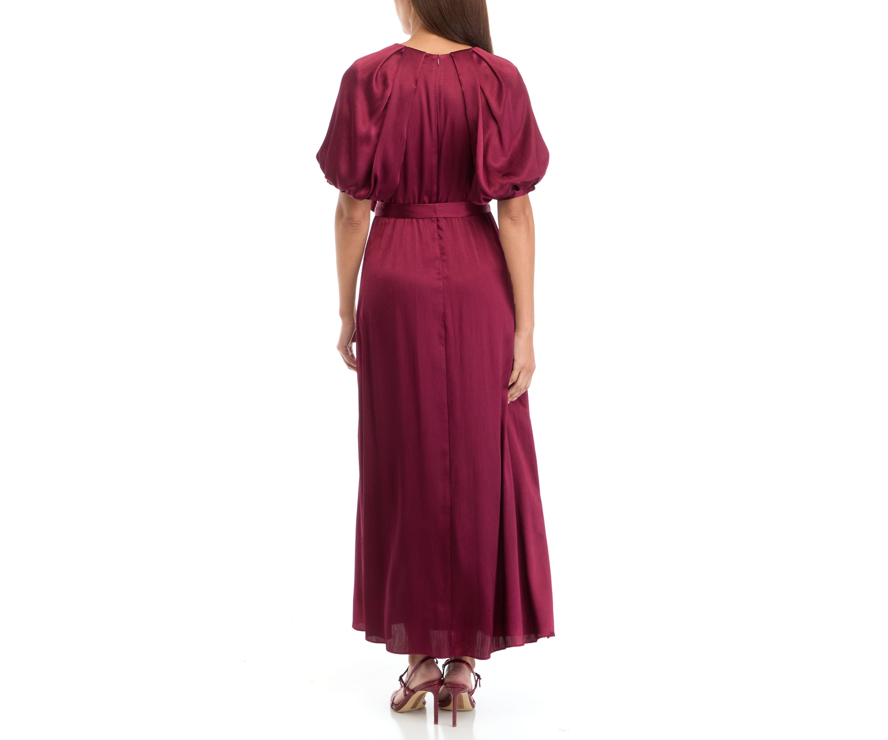 Womens Short Sleeve V-Neck Solid Satin Fit and Flare Dress