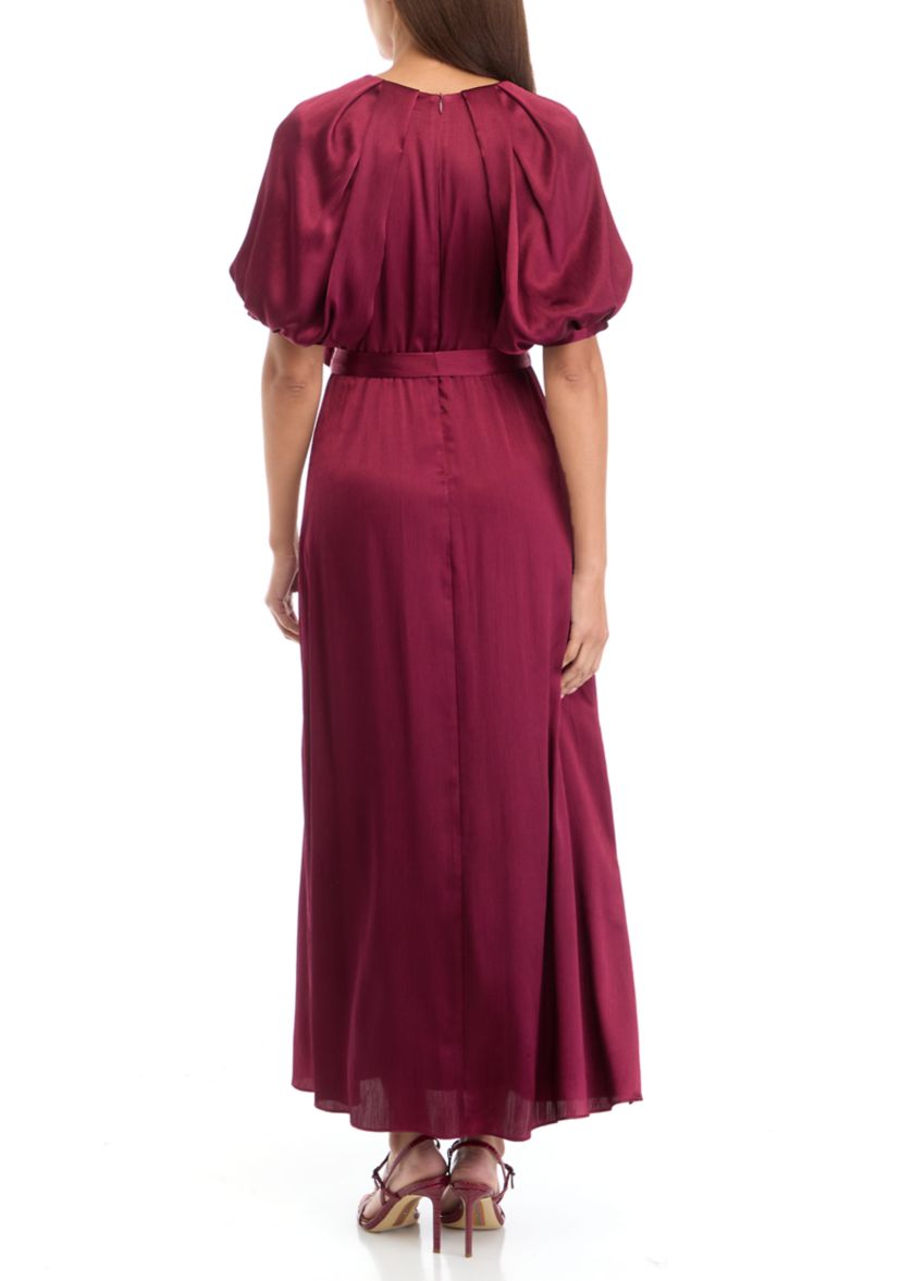 Womens Short Sleeve V-Neck Solid Satin Fit and Flare Dress