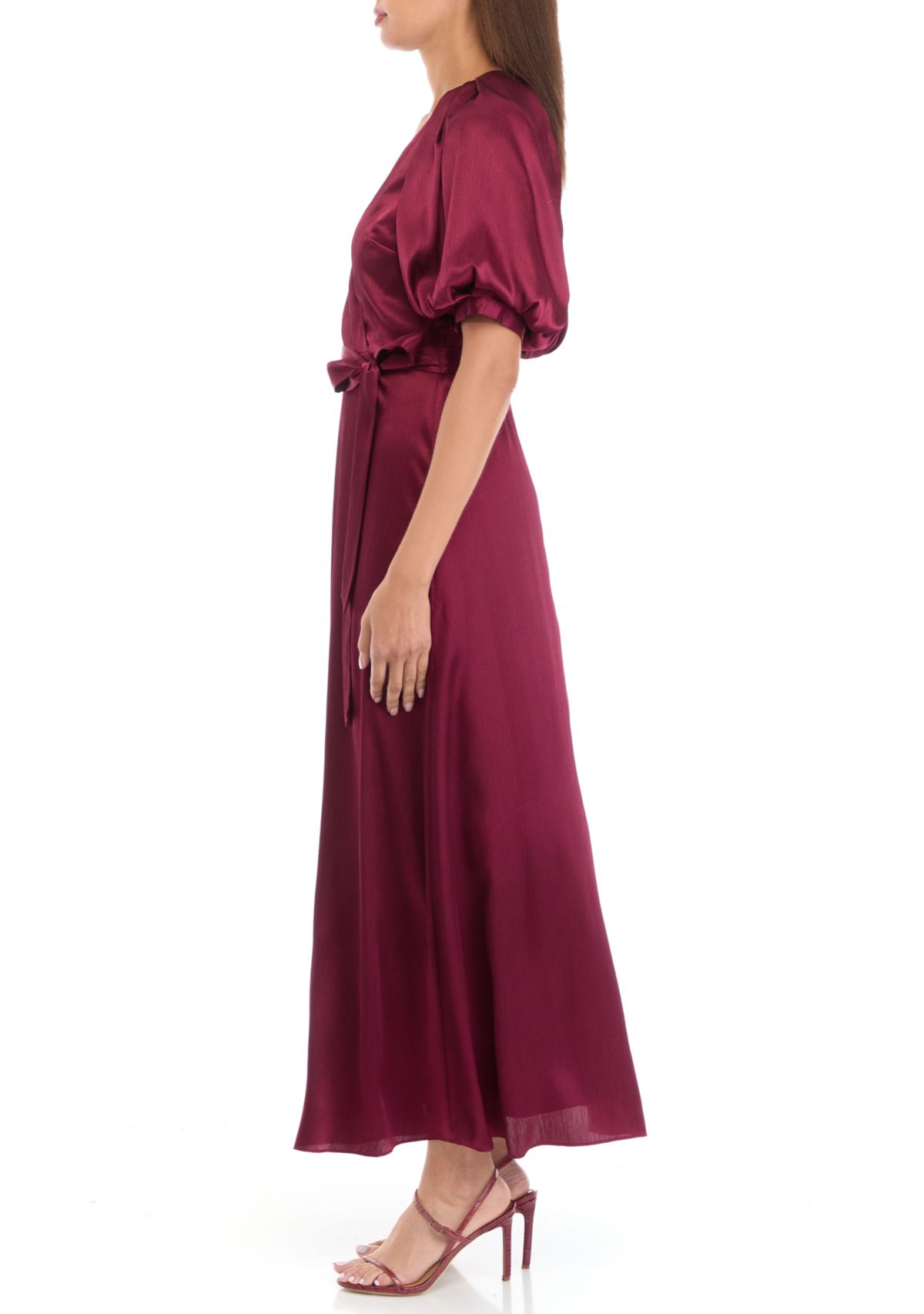 Womens Short Sleeve V-Neck Solid Satin Fit and Flare Dress