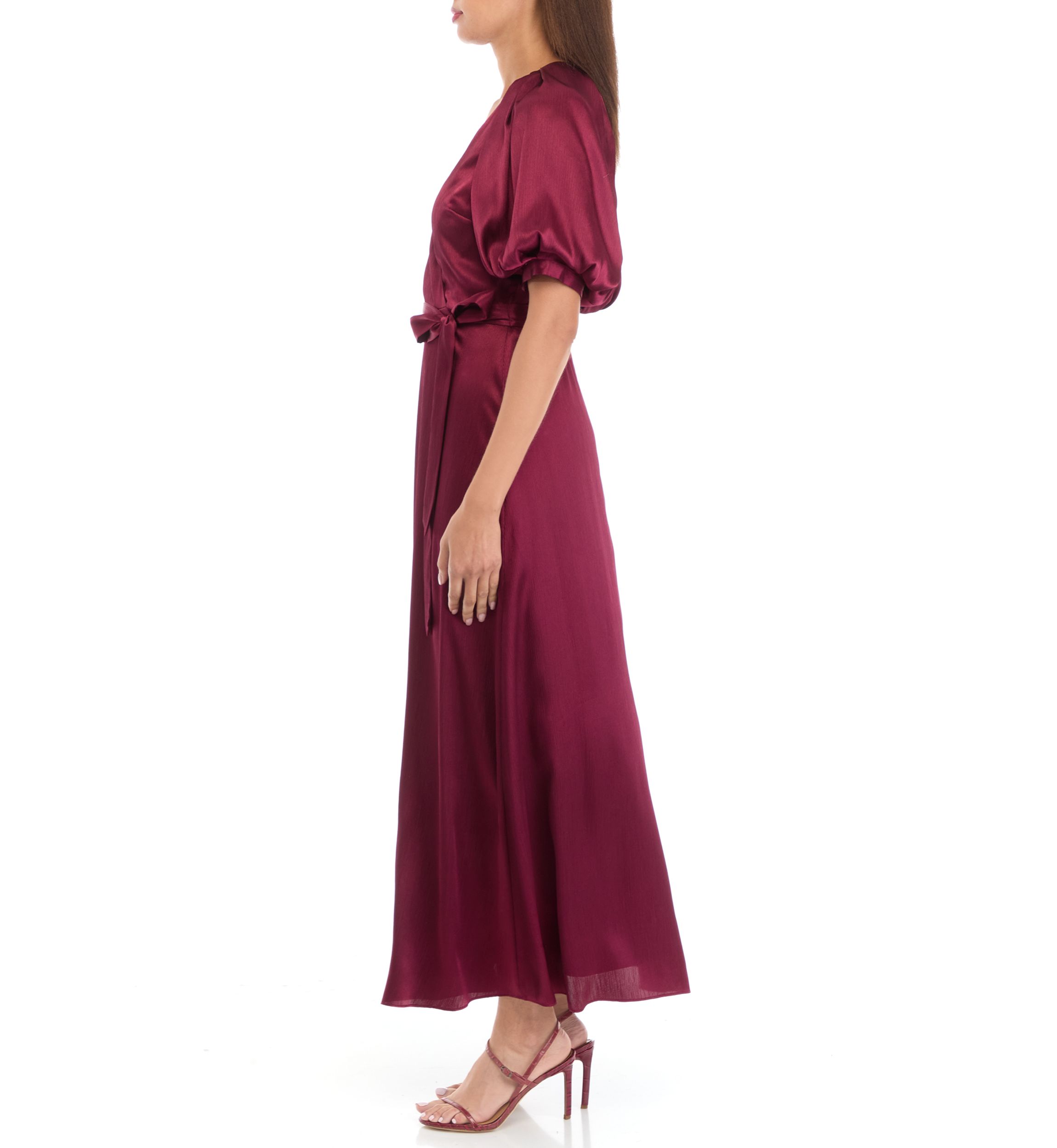 Womens Short Sleeve V-Neck Solid Satin Fit and Flare Dress