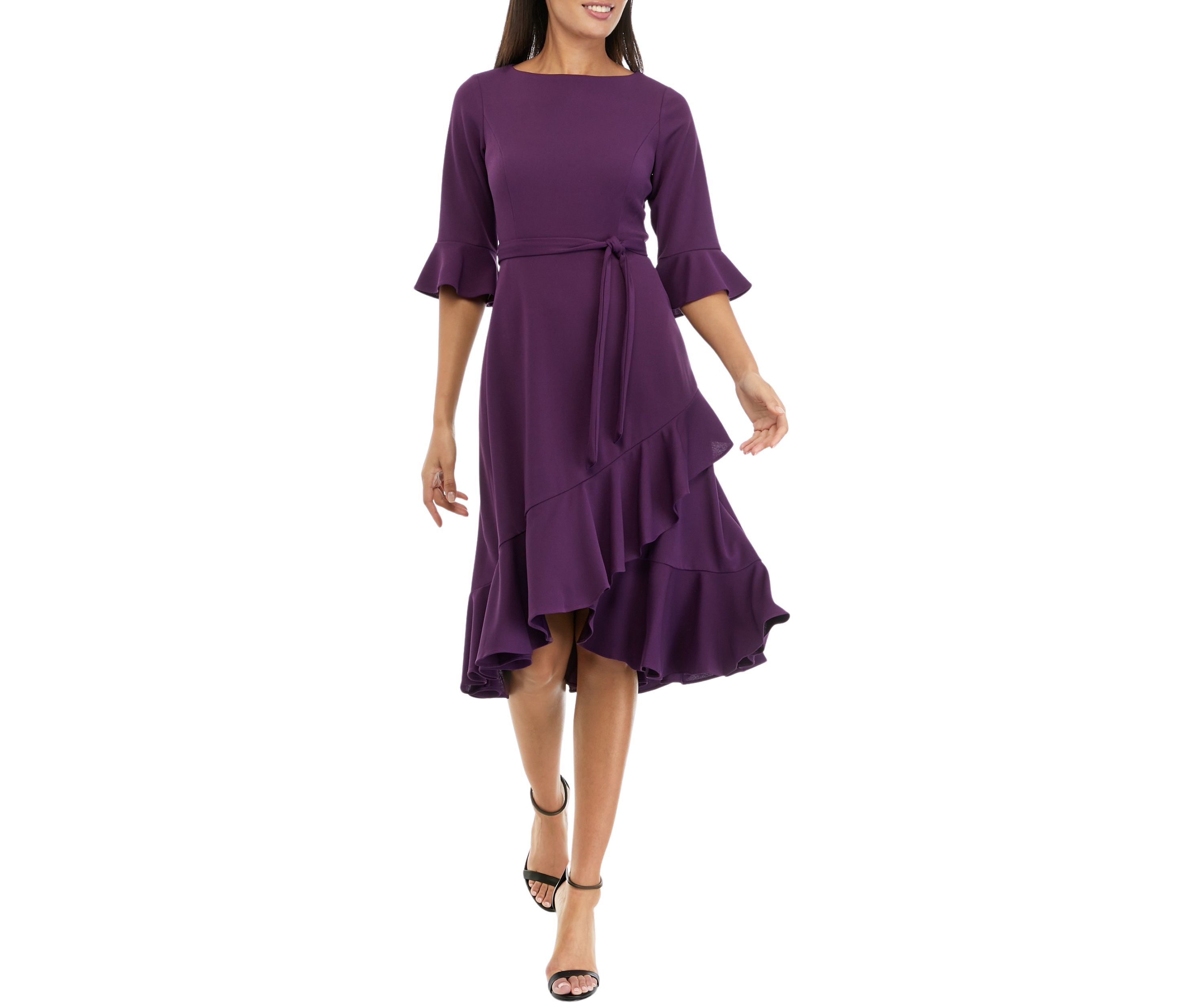 Womens Bell Sleeve Solid Crepe Wrap Fit and Flare Dress