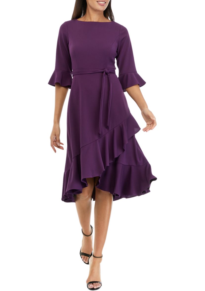 Womens Bell Sleeve Solid Crepe Wrap Fit and Flare Dress