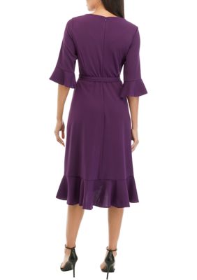 Women's Bell Sleeve Solid Crepe Wrap Fit and Flare Dress