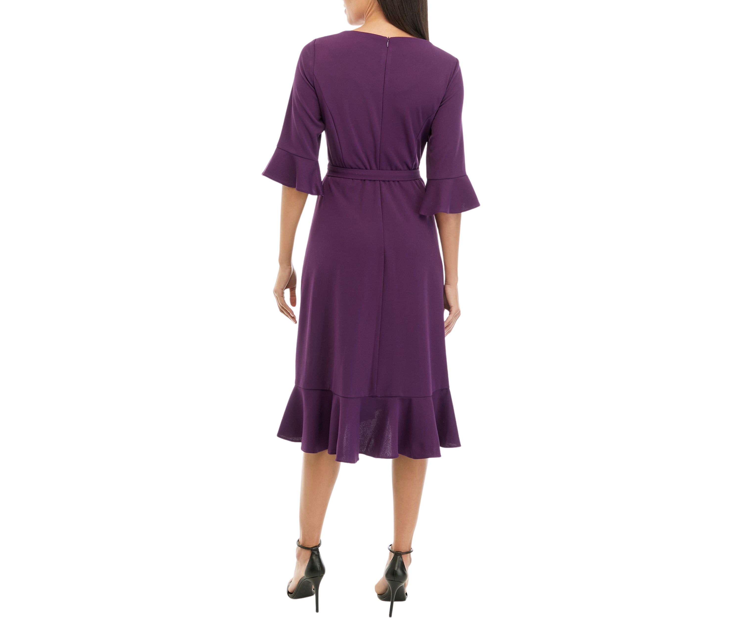 Womens Bell Sleeve Solid Crepe Wrap Fit and Flare Dress