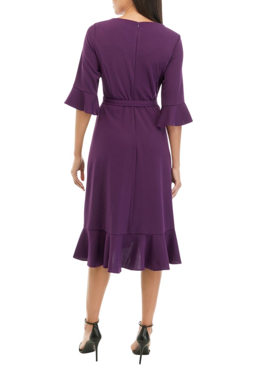 Womens Bell Sleeve Solid Crepe Wrap Fit and Flare Dress