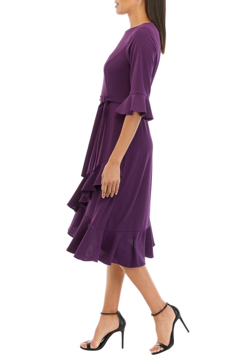 Womens Bell Sleeve Solid Crepe Wrap Fit and Flare Dress
