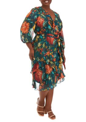 Plus Printed Chiffon Wrap Dress