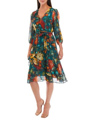 Julian Taylor Women s 3 4 Sleeve V Neck Floral Chiffon Ruffle