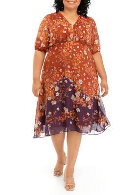 Plus Elbow Sleeve Floral Chiffon Dress