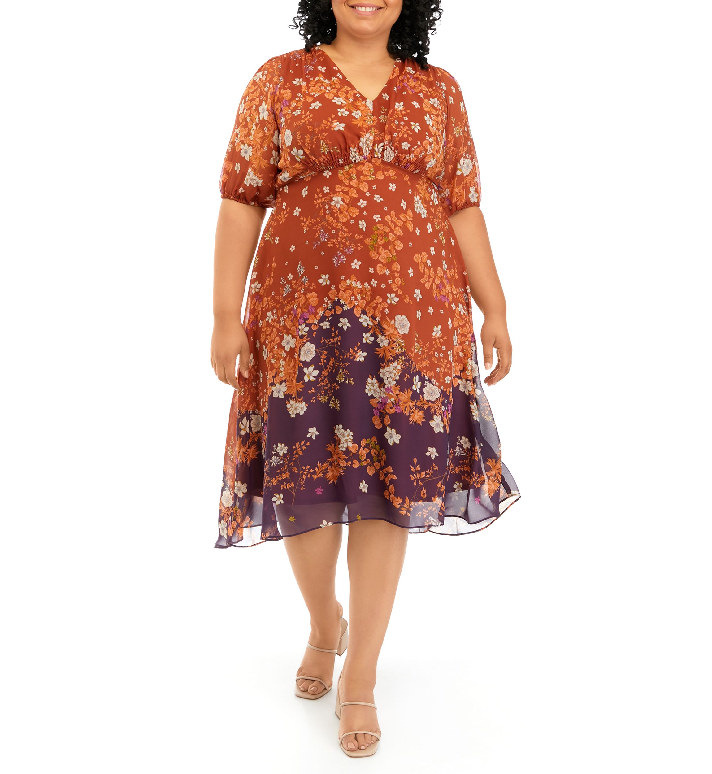 Plus Size Elbow Sleeve Floral Chiffon Dress